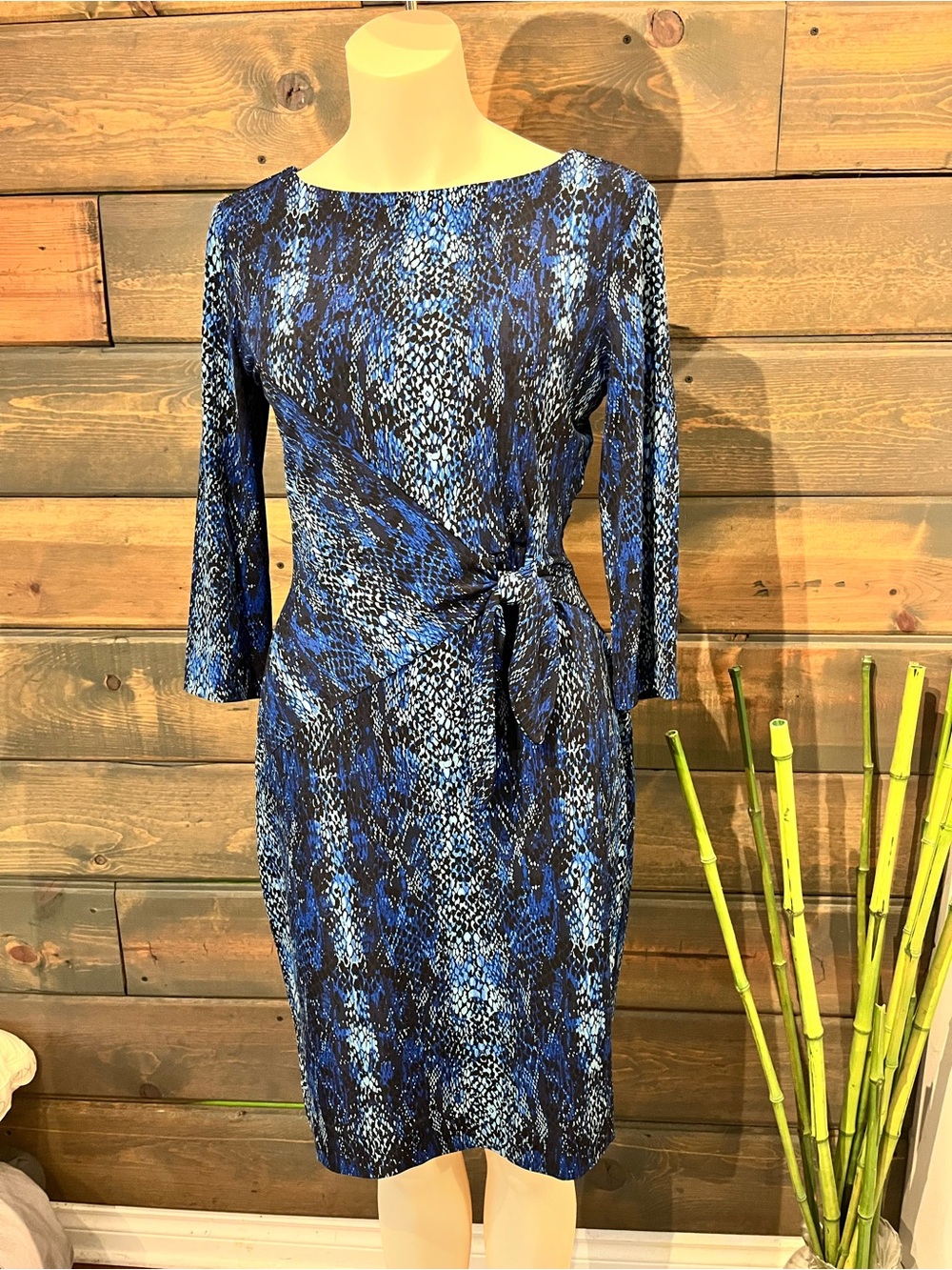 Calvin Klein Blue and Black Snake-Print Tie-Waist Midi Dress